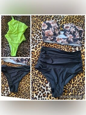 SHEIN Neon Green One-Piece & Black Floral High-Waist Bikini Set.